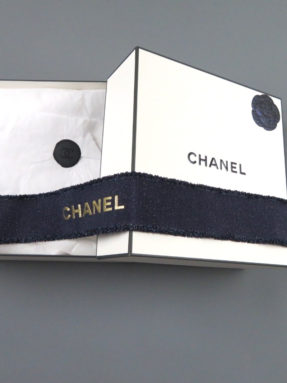CHANEL empty gift box 8.5"X8.5"X4" with navy blue ribbon, camellia and tissue